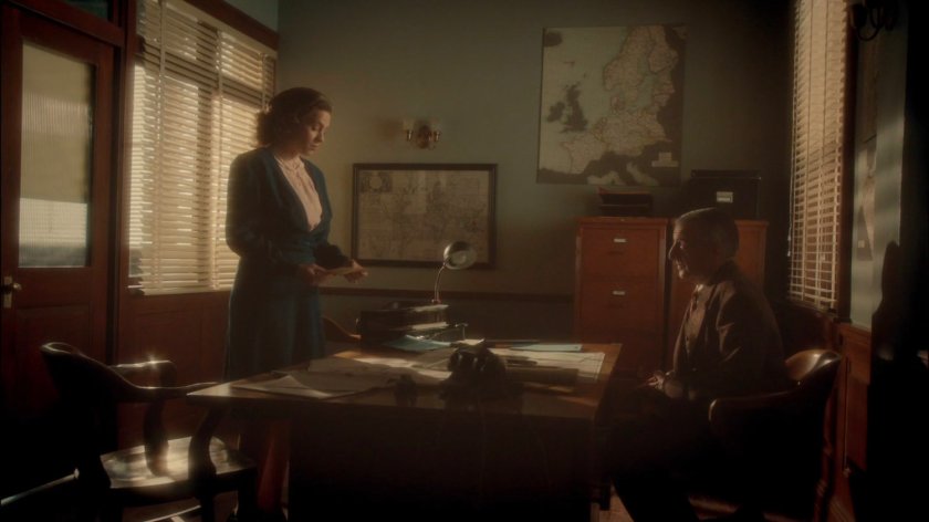 Peggy and her supervisor in a Bletchley Park office.