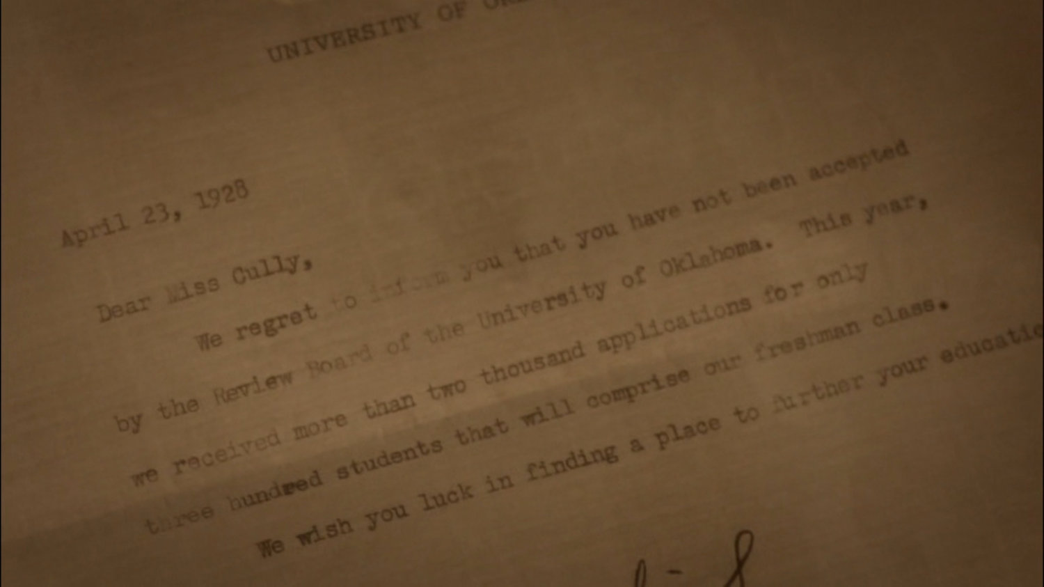 A college rejection letter for Agnes Cully.