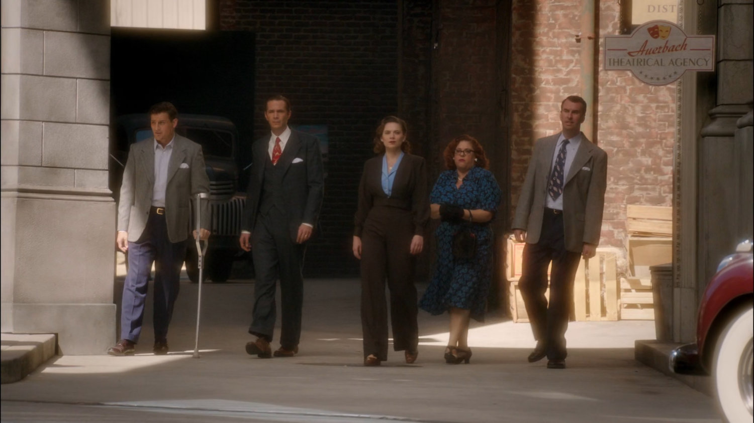 Dr. Samberly, Rose, Sousa, Jarvis, and Peggy exiting Auerbach Theatrical Agency.