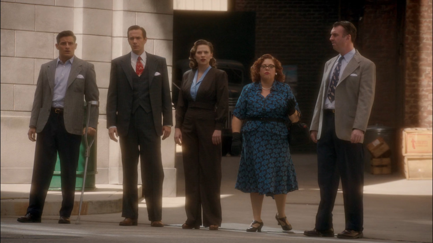 Dr. Samberly, Rose, Sousa, Jarvis, and Peggy exiting Auerbach Theatrical Agency.