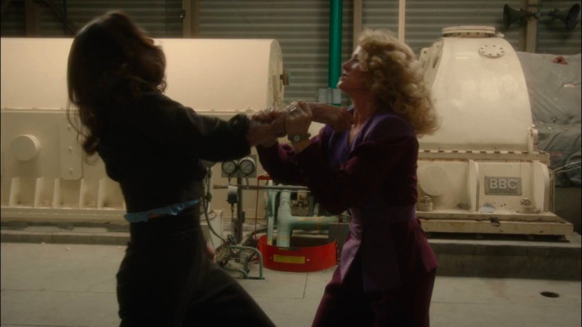 Peggy fighting with Whitney in the Roxxon Warehouse.