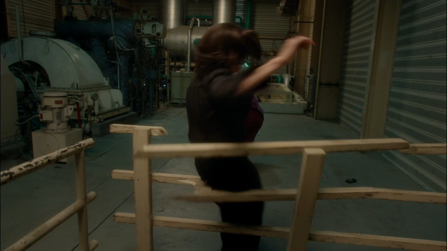 Peggy falling through railing at the Roxxon warehouse.