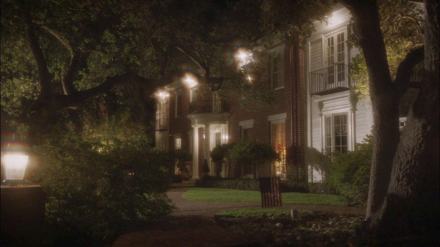 Exterior of Calvin Chadwick house at night.