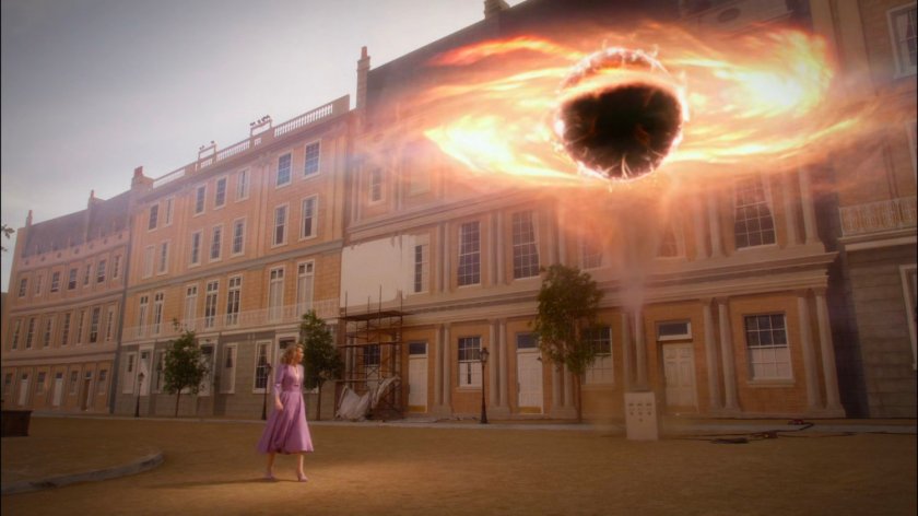 Whitney looking at Zero Matter rift in town square on Stark Pictures backlot.