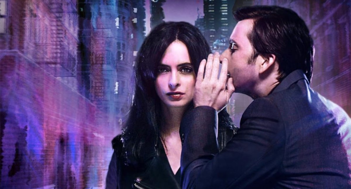 Jessica Jones Season One promo image of Kilgrave whispering in Jessica's ear.