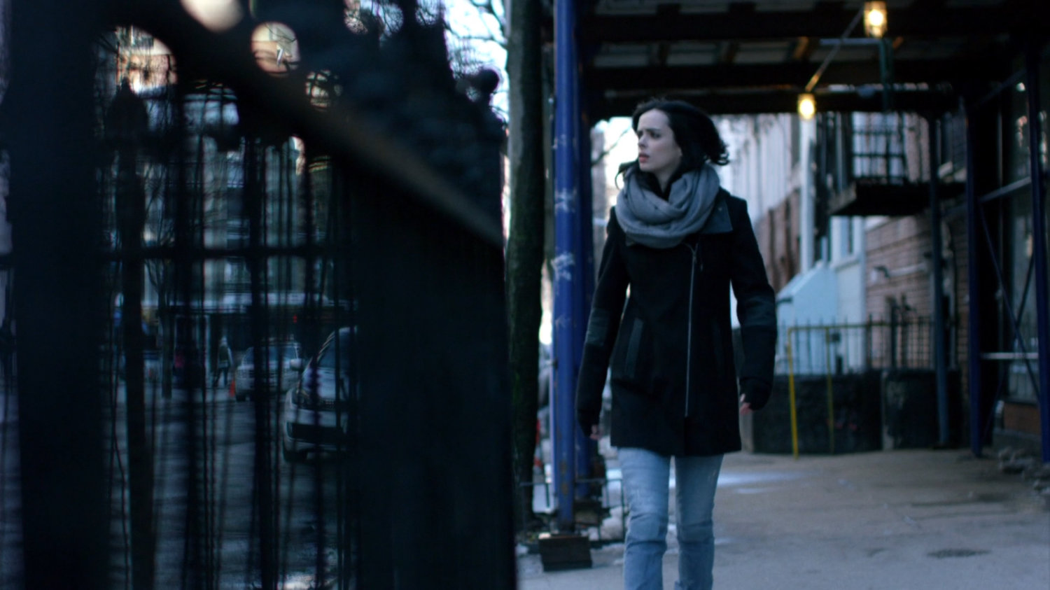 Jessica on sidewalk outside Hope Shlottman's apartment.
