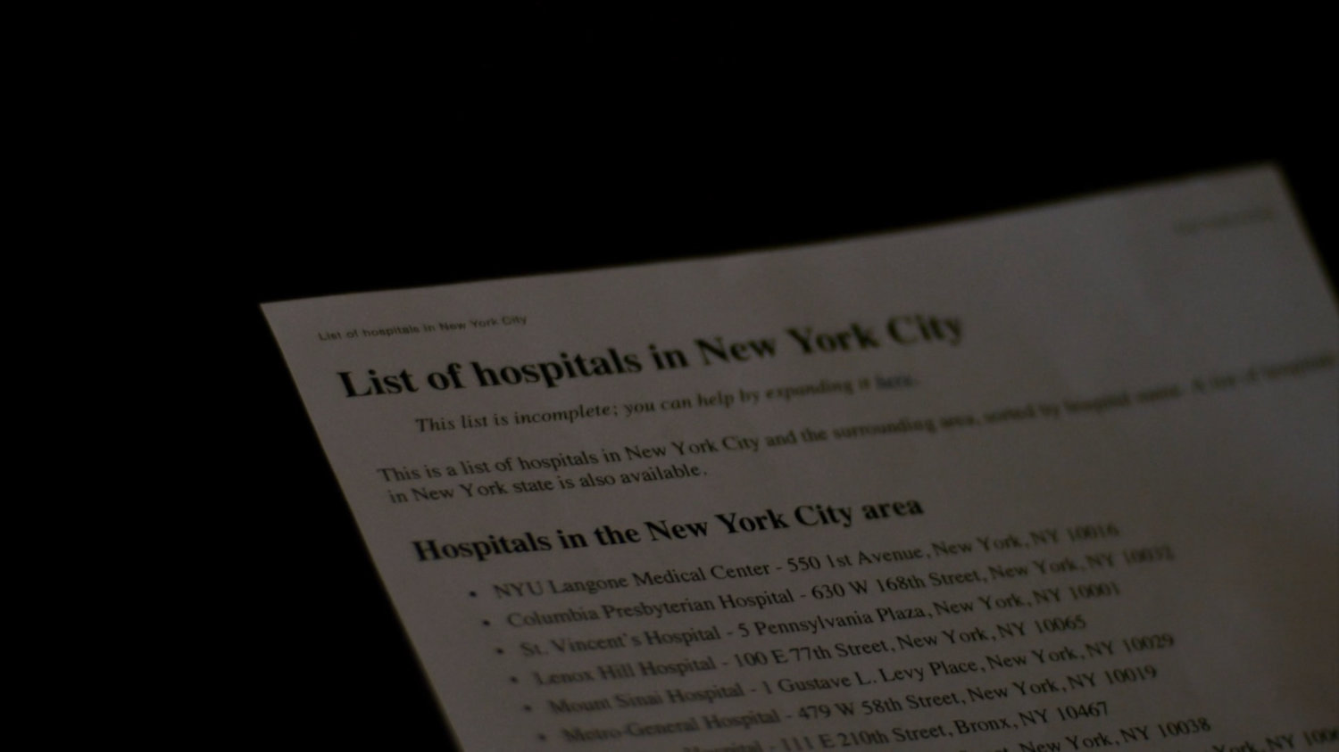 List of hospitals in New York City print out.