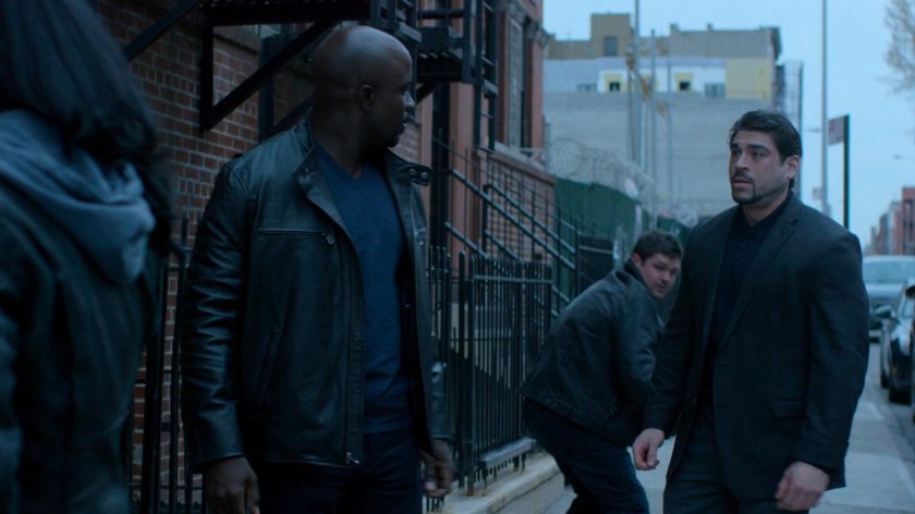 Jessica and Luke exiting Antoine Grier's apartment building in front of Sirkes.