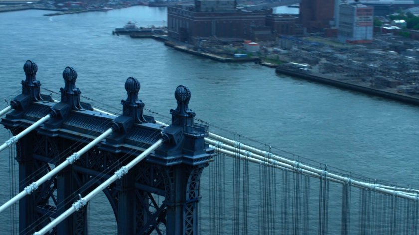 Aerial view of one of the Manhattan Bridge towers.