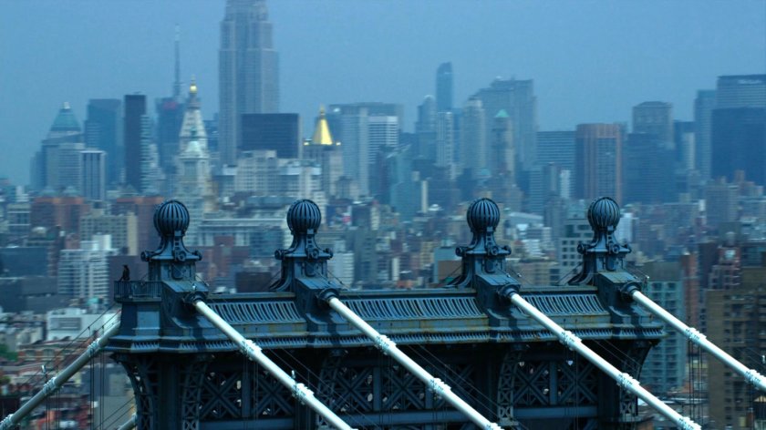Aerial view of one of the Manhattan Bridge towers with Manhattan in background.