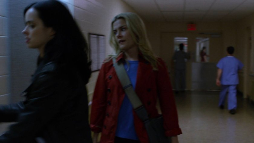 Jessica and Trish entering Riverbank morgue.