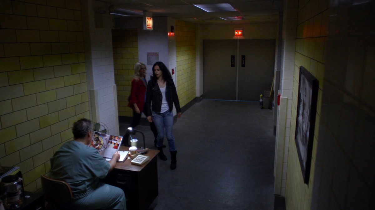Jessica and Trish entering Riverbank morgue.