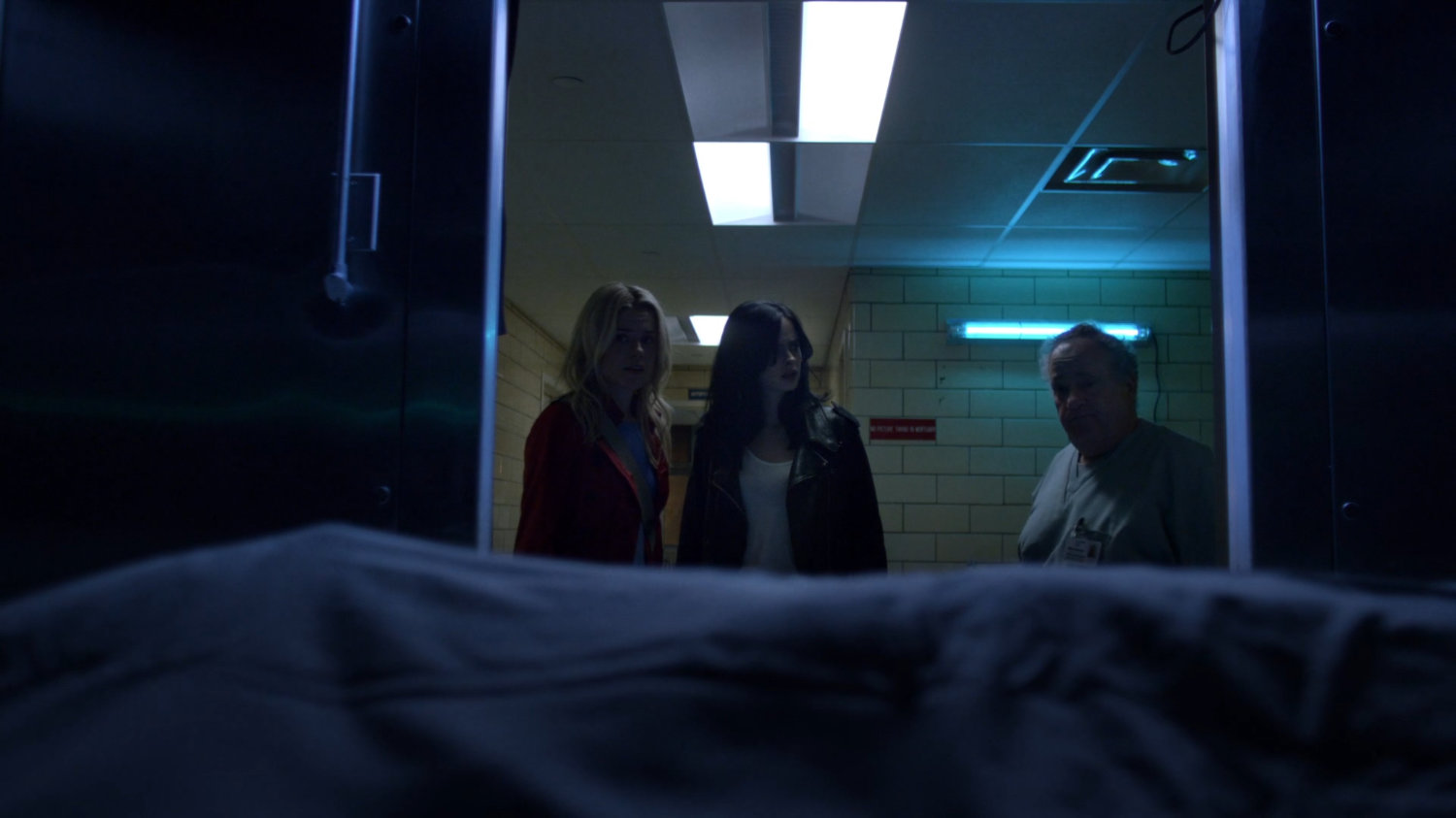 Jessica, Trish, and Maury in Riverbank morgue.