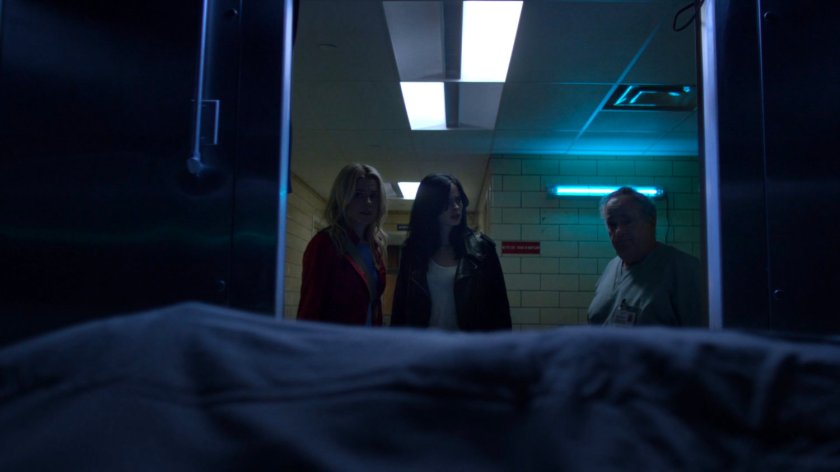 Jessica, Trish, and Maury in Riverbank morgue.