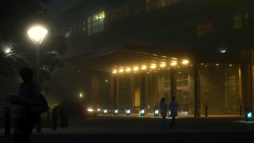 Foggy entrance to hospital.