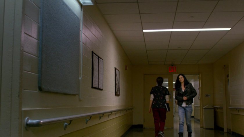 Jessica entering Riverbank morgue.