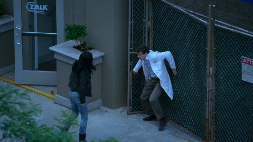 Jessica roughs up a scientist outside Zalk Biochemical Technologies.