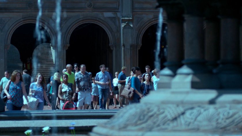 Jessica in crowd by Bethesda Fountain in Central Park.