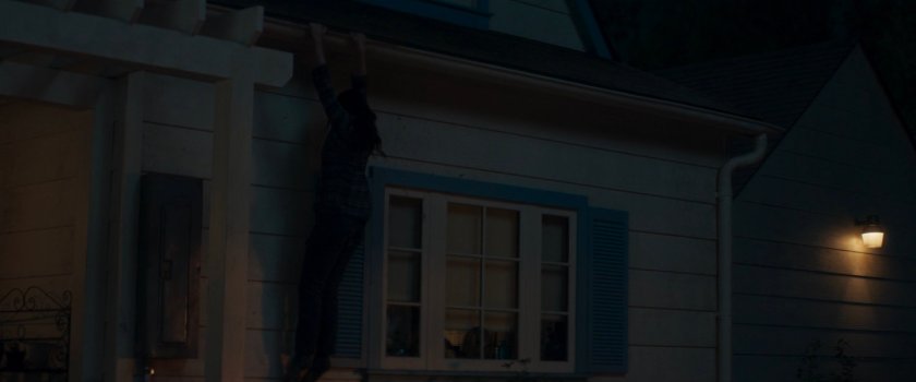 Agnes hanging on gutter of her house.