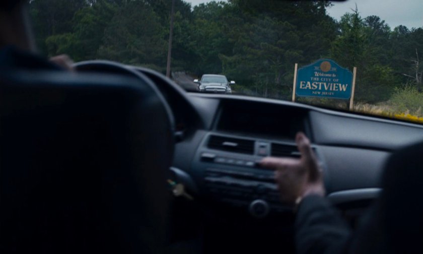 Oncoming pickup truck as seen from inside of Kaplan car.