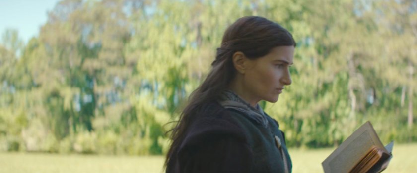 Agatha walks along a road outside a settlement, 1756.