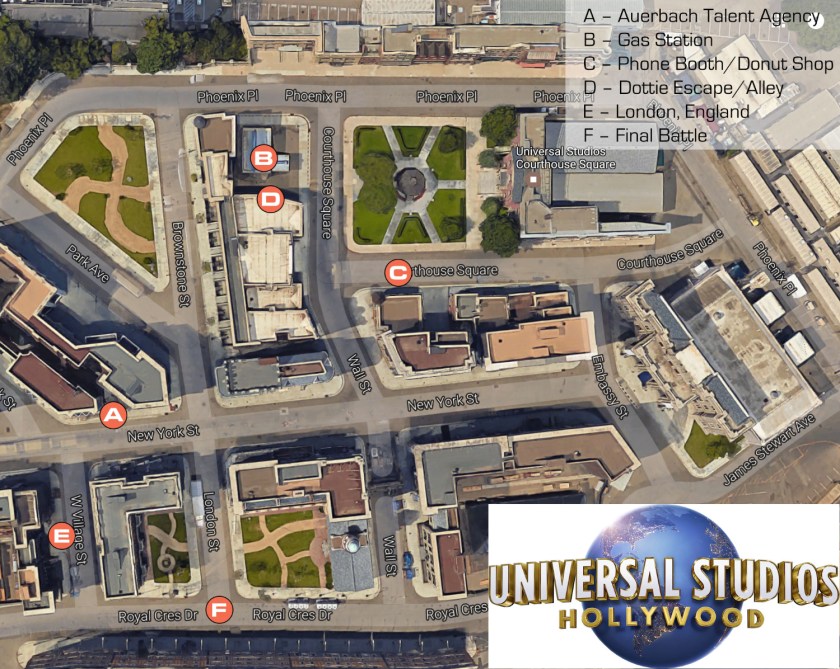 Satellite view of Universal Backlot with filming locations marked.