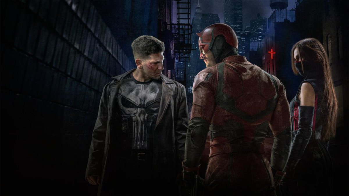 Promotional photo from Daredevil Season 2, with The Punisher, Daredevil, and Elektra.