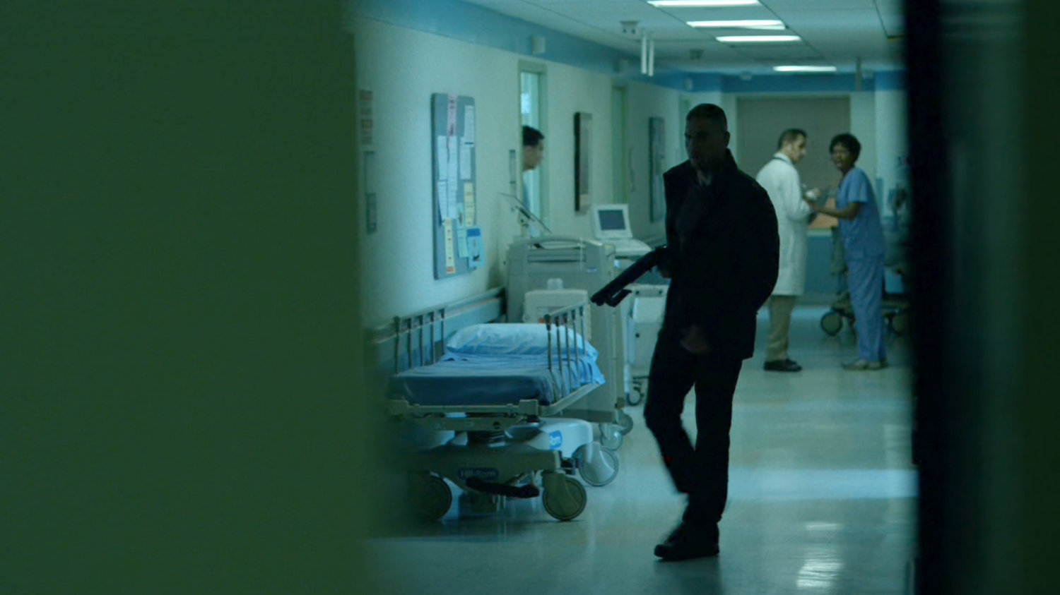 The Punisher in a Metro-General hallway.