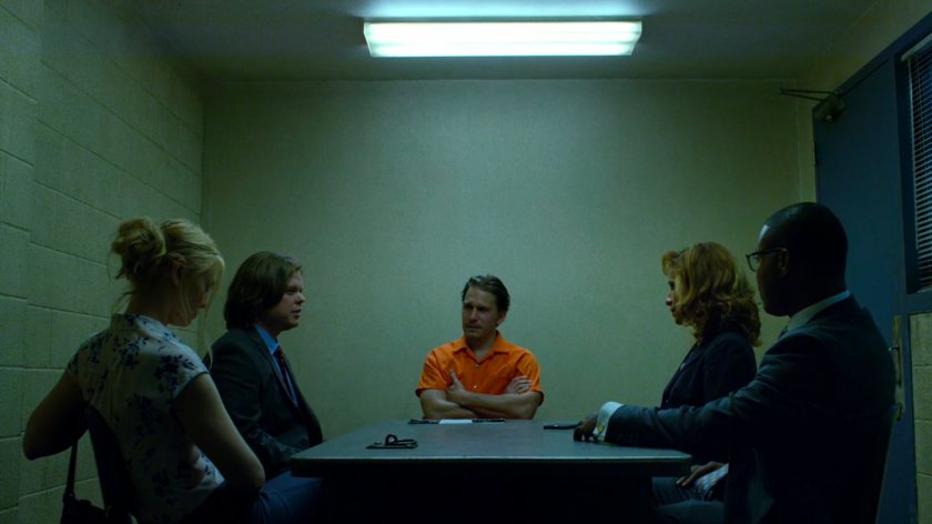 Karen, Foggy, Reyes, and Tower listen to Grotto in a 15th Precinct interrogation room.