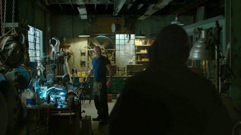 Melvin Potter and Matt in Melvin's workshop.