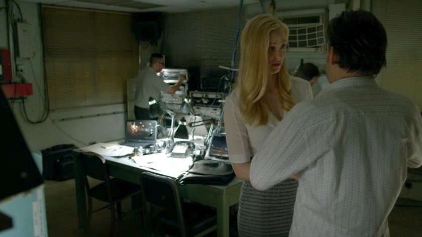 Karen talks to Grotto outside his meeting with Brass.