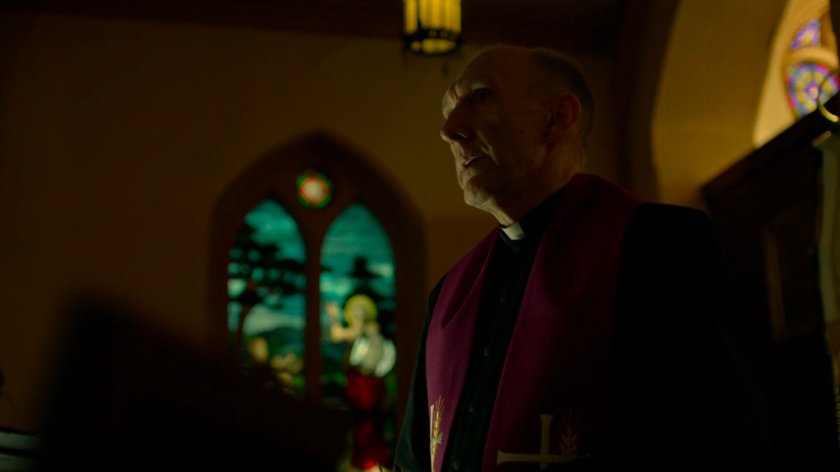 Father Lantom give eulogy for Grotto in church.