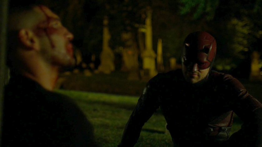 Daredevil listens to Frank in St. Michael's Cemetery.