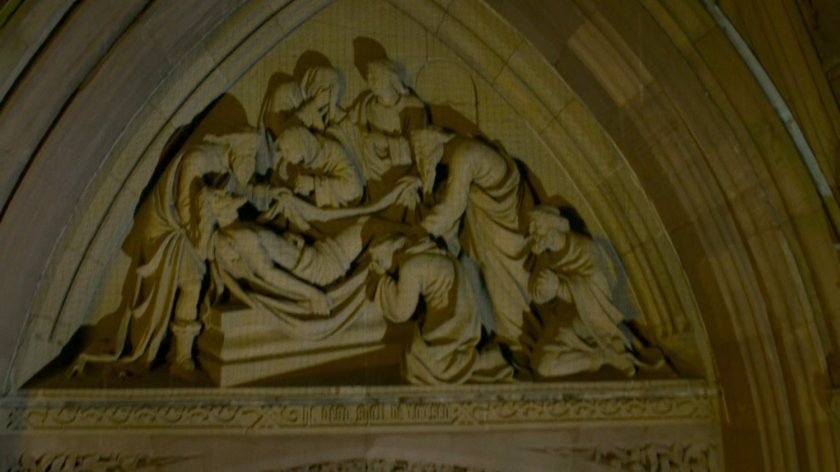 Sculpture above gates for St. Michael's Cemetery.
