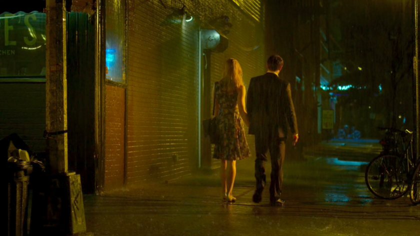 Matt and Karen around the corner from Josie's Bar in the rain