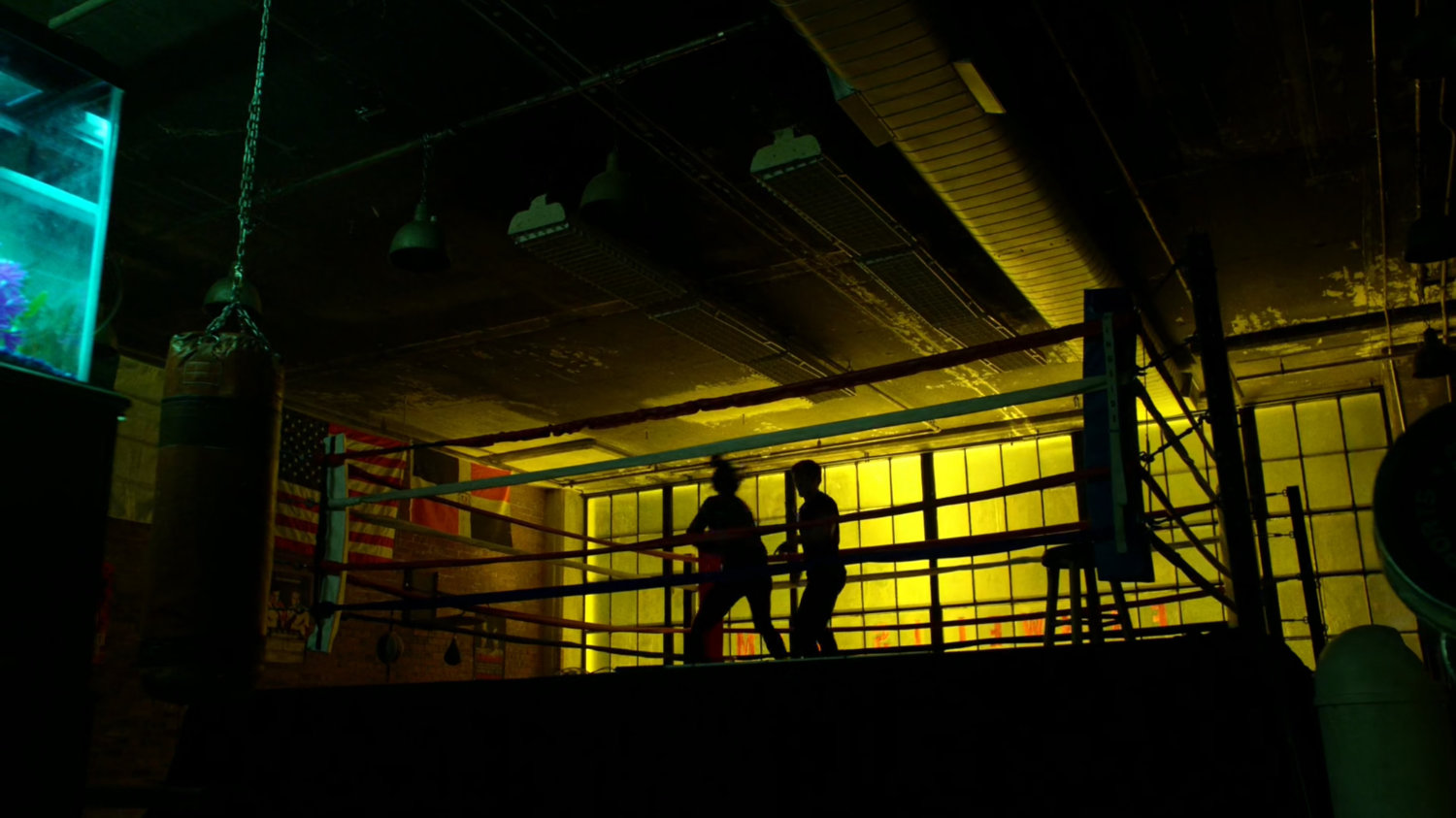 Matt and Elektra fight in boxing ring in Fogwell's Gym.