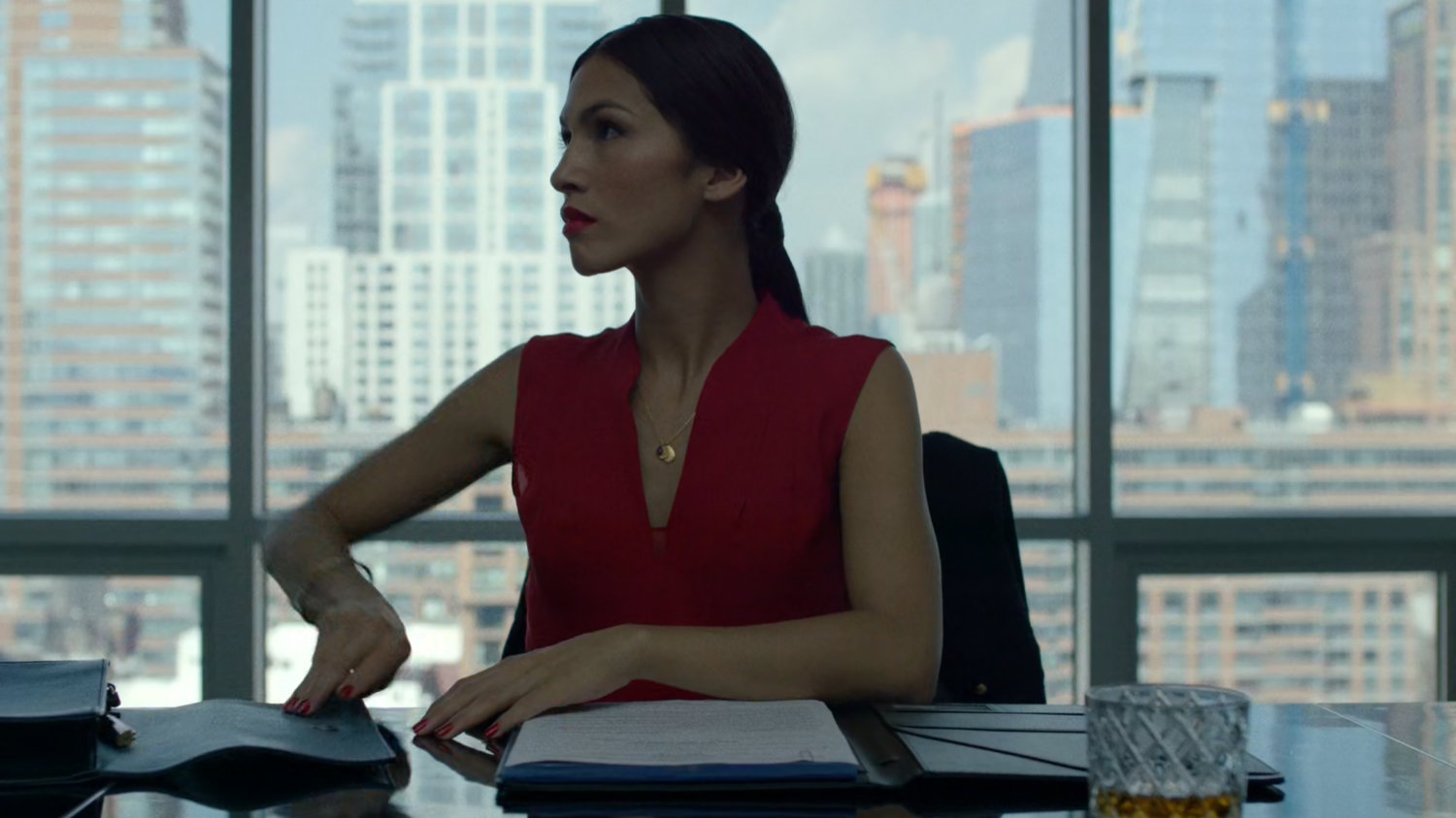 Elektra in the Roxxon board room at Yakatomi Building.