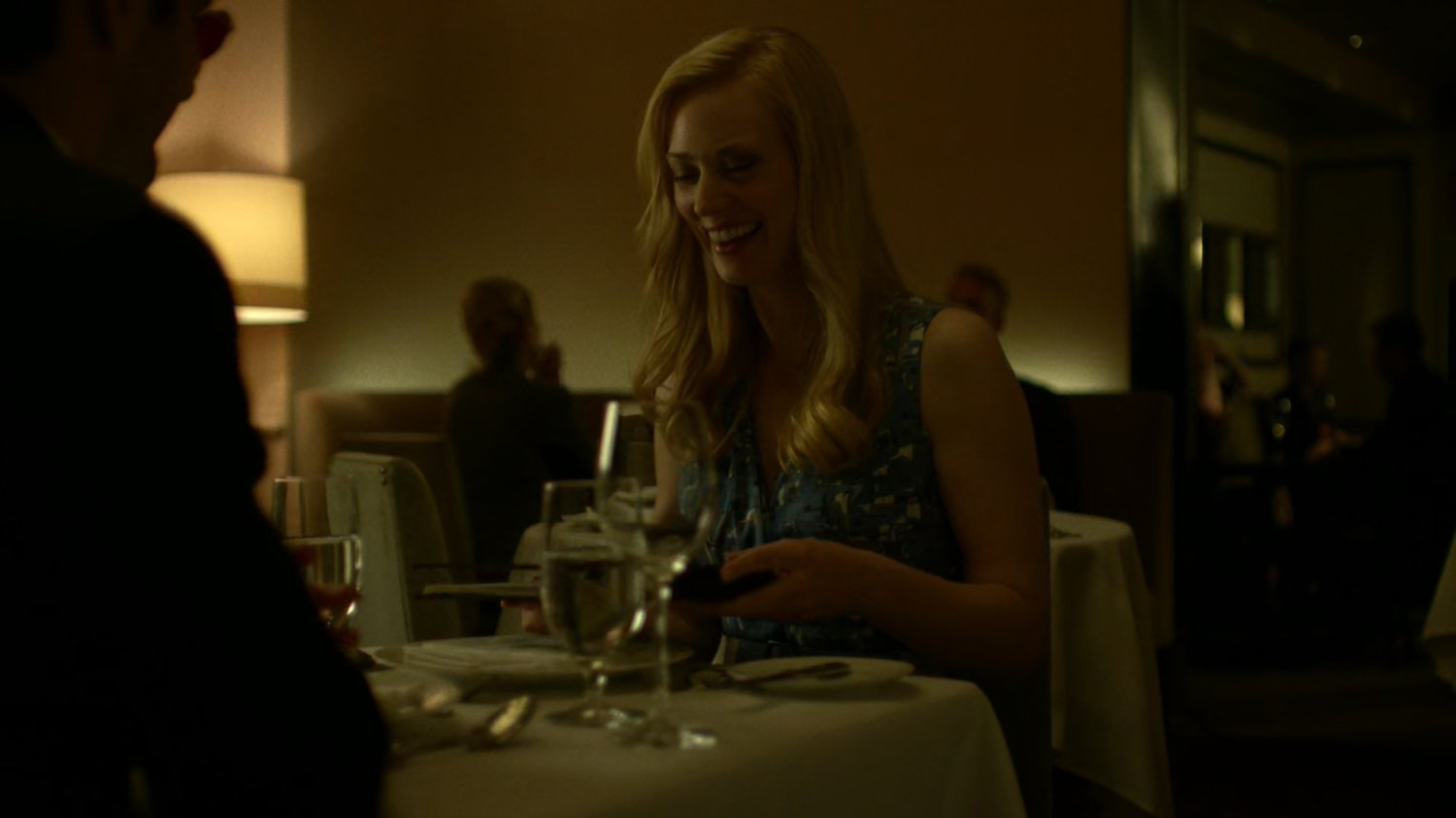 Matt and Karen at a fancy restaurant.