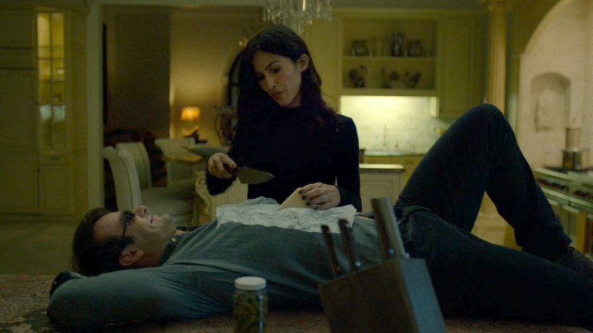 Matt and Elektra in the kitchen of Roscoe Sweeney's mansion.