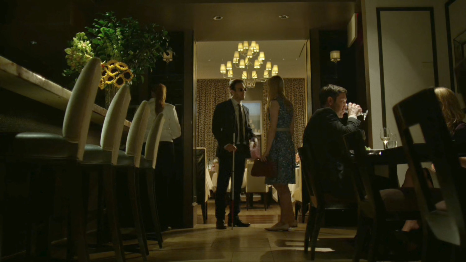 Matt and Karen at a fancy restaurant.