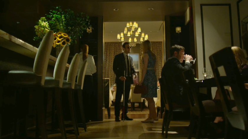 Matt and Karen at a fancy restaurant.