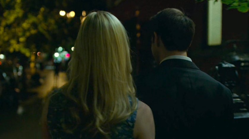 Matt and Karen walking along sidewalk back to her apartment.