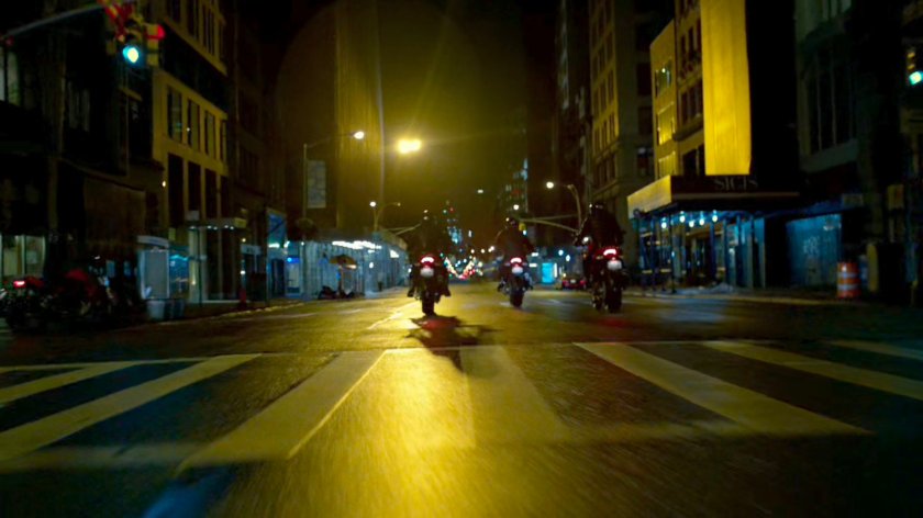 A trio of Yakuza motorcycle riders cruise through a New York street.
