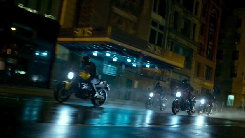 A group of Yakuza motorcycle riders cruise through a New York street.
