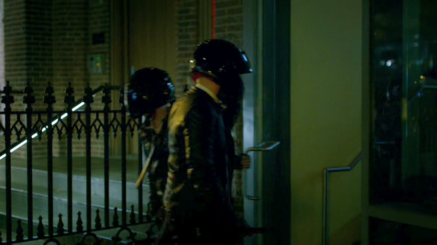 Yakuza motorcycle riders enter a New York apartment building.