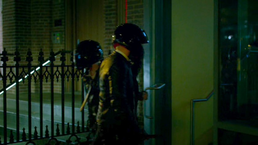 Yakuza motorcycle riders enter a New York apartment building.