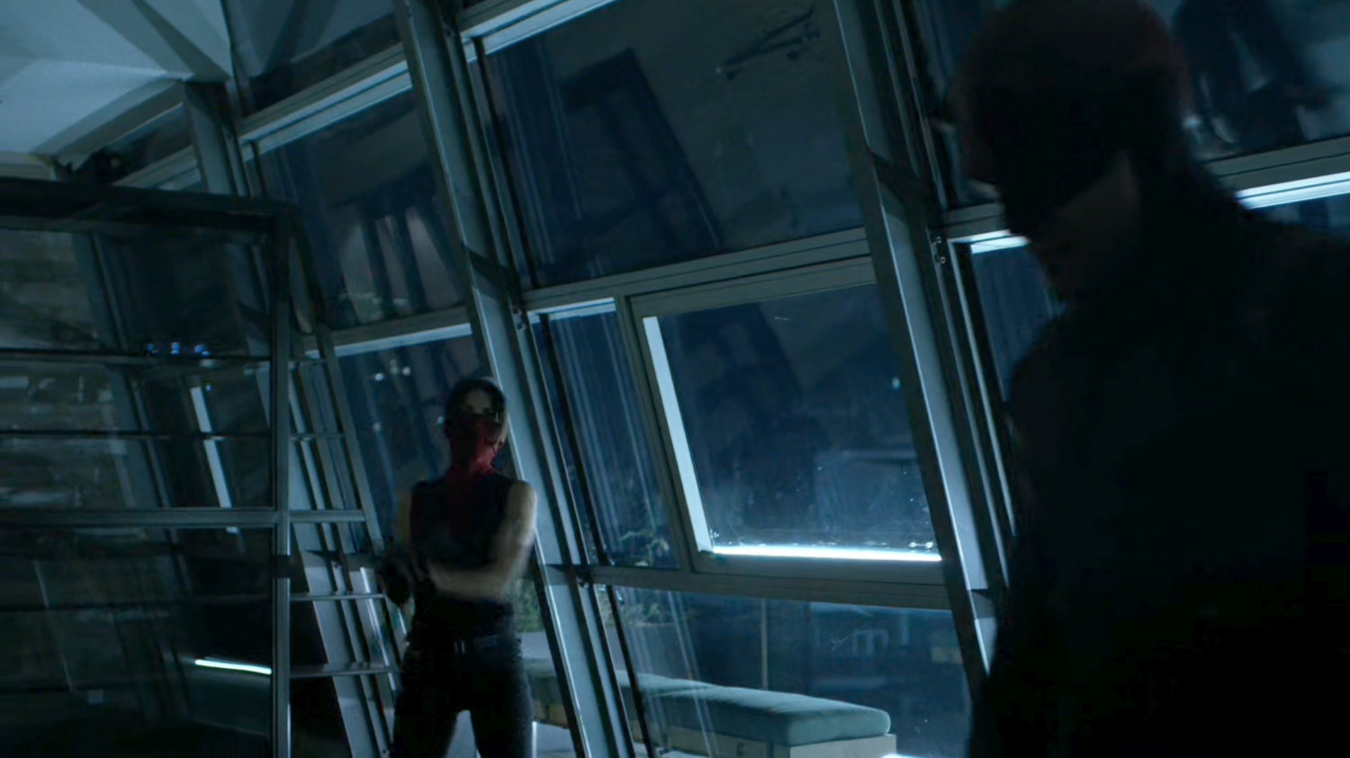 Daredevil and Elektra in Elektra's penthouse.