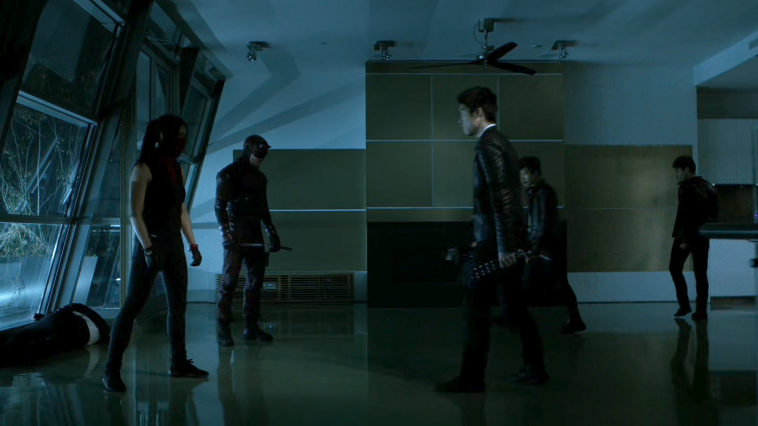 Daredevil and Elektra confronting Yakuza assassins in Elektra's penthouse.