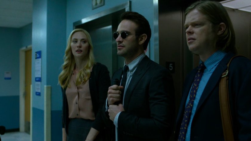 Karen, Matt, and Foggy existing the elevator on the 5th floor of Metro-General Hospital.