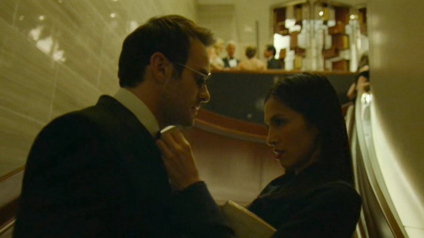 Elektra fixing Matt's tie at the Roxxon Gala.